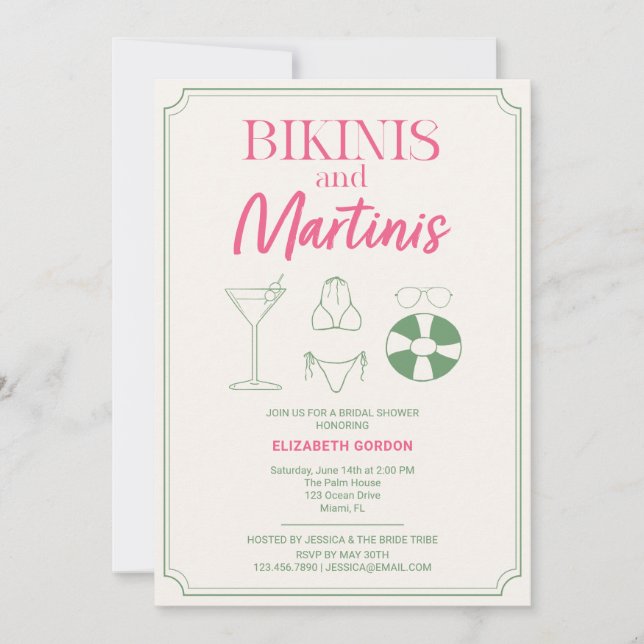 Convite Chá de Noiva Bikinis e Martinis Rosa Verde (Frente)