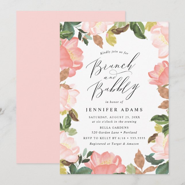 Convite Chá de Noiva Blush Spring Floral Brunch & Bubbly (Frente/Verso)