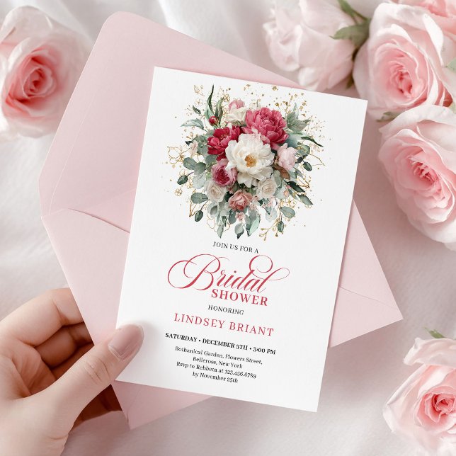 Convite Chá de Noiva Boho Atemporal Rubi Vermelho Blush Do (Timeless Boho Ruby Red Blush Gold Bridal Shower)
