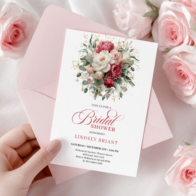 Convite Chá de Noiva Boho Rubi Vermelho Atemporal Dourado (Timeless Boho Ruby Red Blush Gold Bridal Shower)