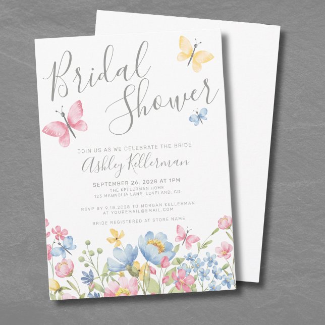 Convite Chá de Noiva Borboleta Flor Silvestre (Watercolor Wildflower Butterfly Bridal Shower Invitation)