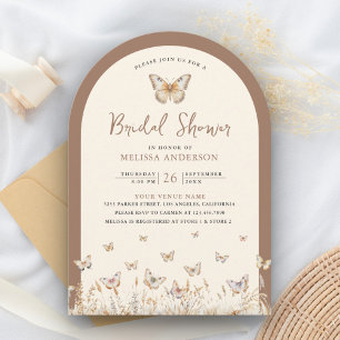 Convite Chá de Noiva Borboleta Flor Silvestre Bege Creme