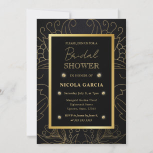 Convite Chá de Noiva Botânico Preto e Dourado Elegante