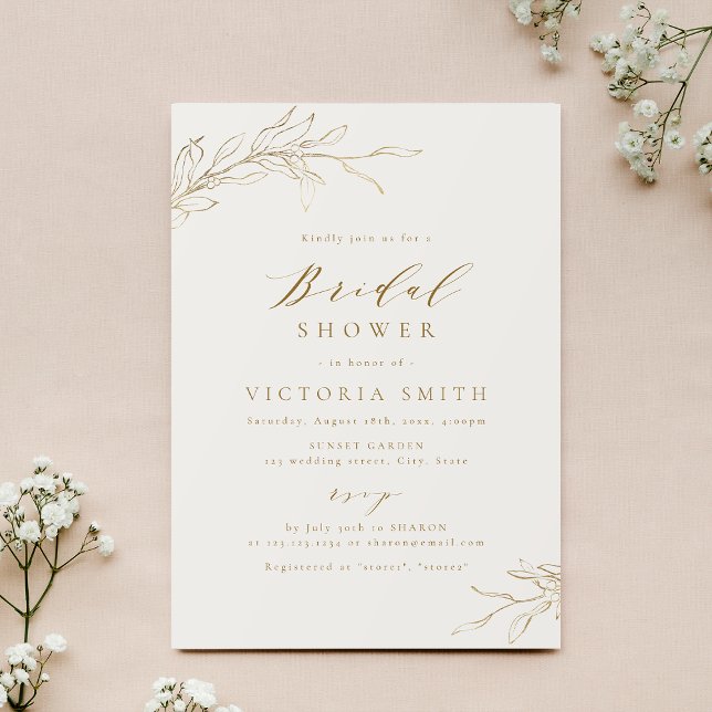 Convite Chá de noiva botânico rústico simples elegante dou (Gold simple elegant botanical rustic bridal shower invitation)