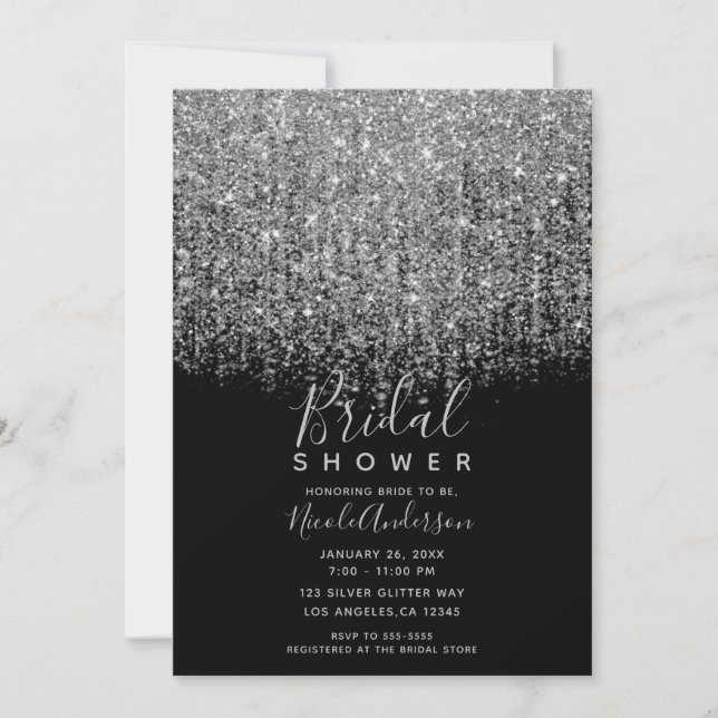 Convite Chá de Noiva Brilhante com Glitter Prateado e Pret (Frente)