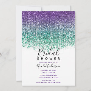 Convite Chá de Noiva Brilhante com Glitter Roxo e Turquesa