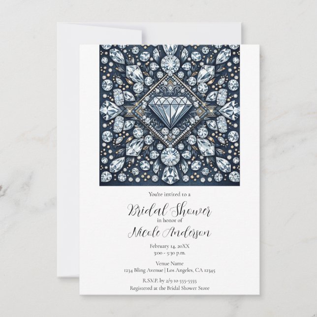Convite Chá de Noiva Brilho Denim & Diamantes  (Frente)