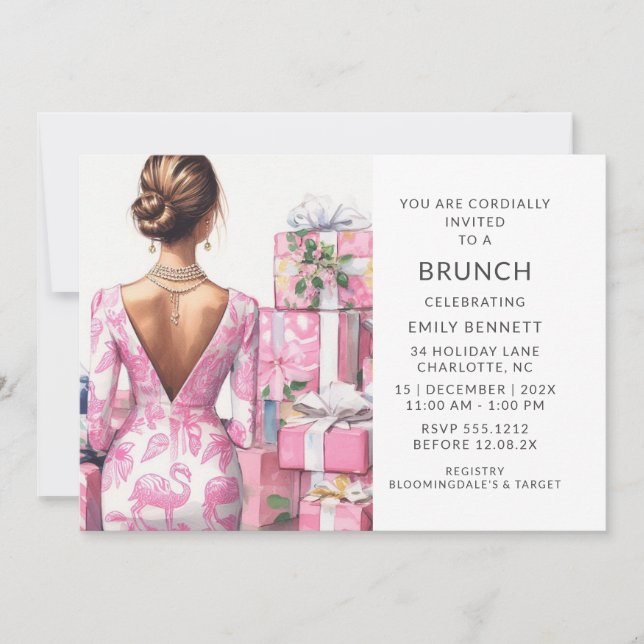 Convite Chá de Noiva Brunch com Flamingo Rosa Toile (Frente)