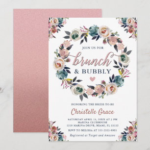 Convite Chá de Noiva Brunch e Bubbly Azul Marinho e Rosa E