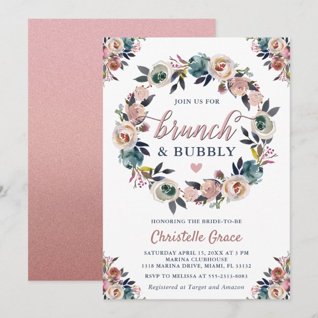 Convite Chá de Noiva Brunch e Bubbly Azul Marinho e Rosa E (Frente/Verso)