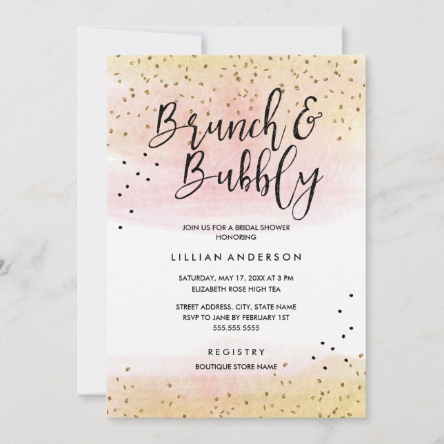 Convite Chá de Noiva Brunch e Bubbly com Brilho em Dourado (Frente)