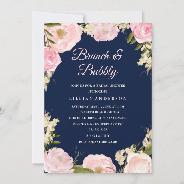 Convite Chá de Noiva Brunch e Bubbly Rosa Pink Navy (Frente)
