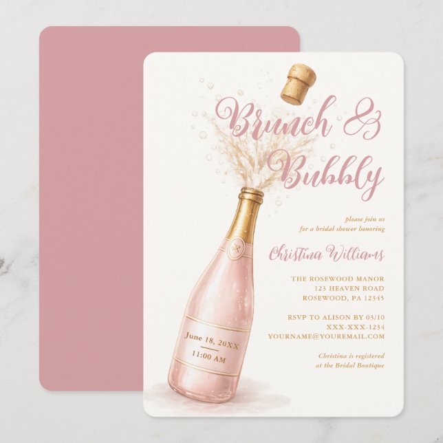 Convite Chá de Noiva Brunch e Champanhe Rosa (Frente/Verso)