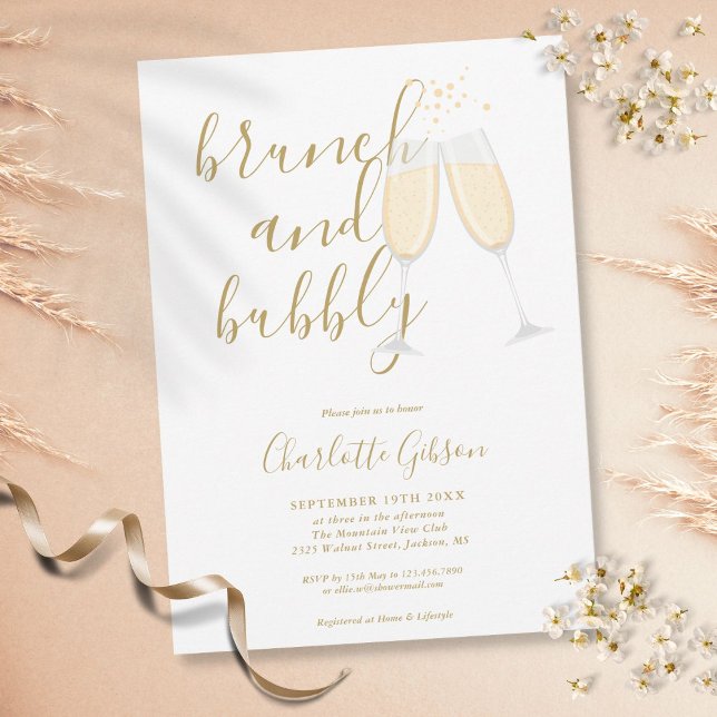 Convite Chá de Noiva Bubbly Brunch com Cursive Gold (Criador carregado)