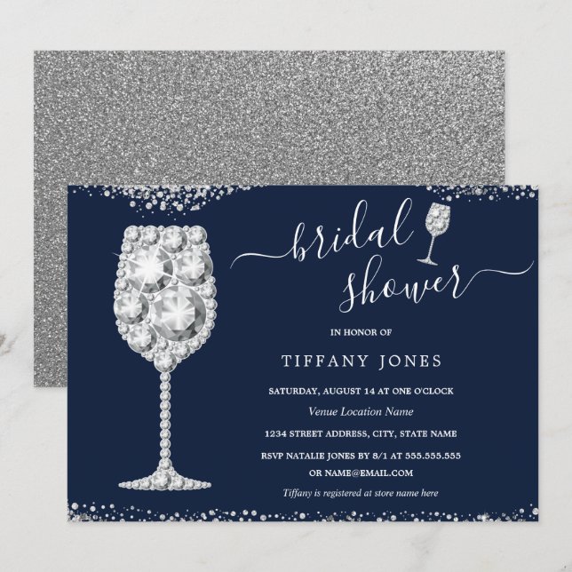 Convite Chá de Noiva Bubbly Navy Silver Diamond (Frente/Verso)