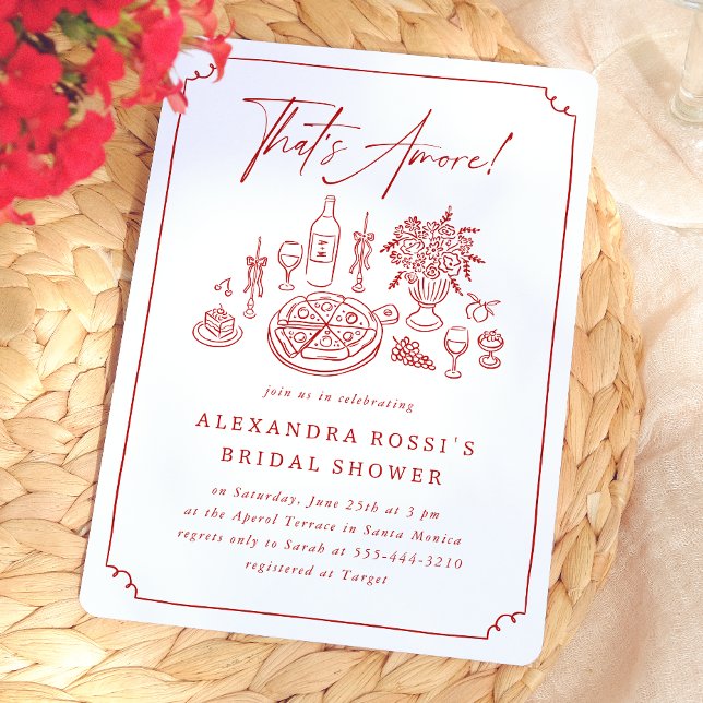 Convite Chá de Noiva Caprichoso de Pizza e Vinho Desenhado (Card Front Mock-up)