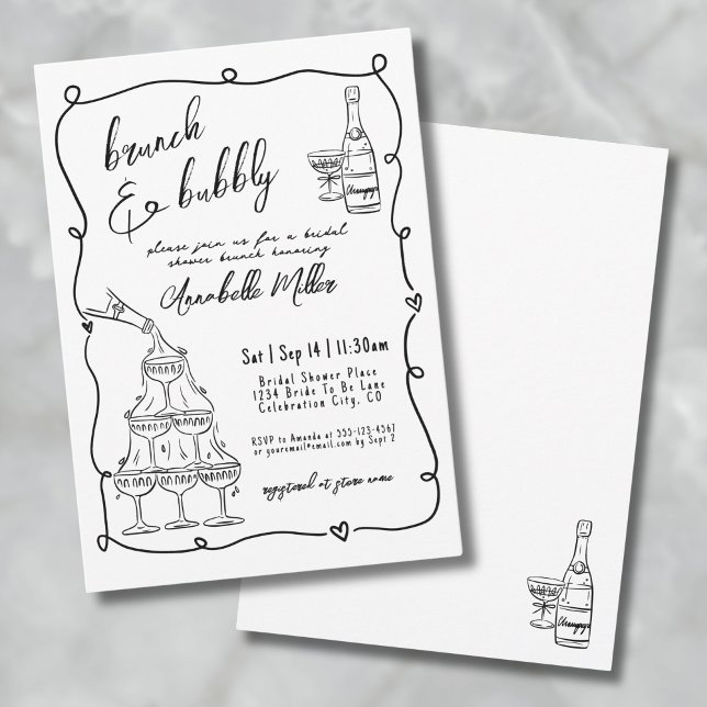 Convite Chá de Noiva Caprichoso e Desenhado à Mão para Bru (Whimsical Hand Drawn Brunch Bubbly Bridal Shower Invitation)