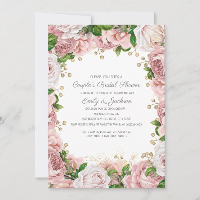 Convite Chá de Noiva Casal Floral Rosa Dourado (Frente)