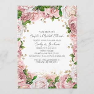 Convite Chá de Noiva Casal Floral Rosa Dourado
