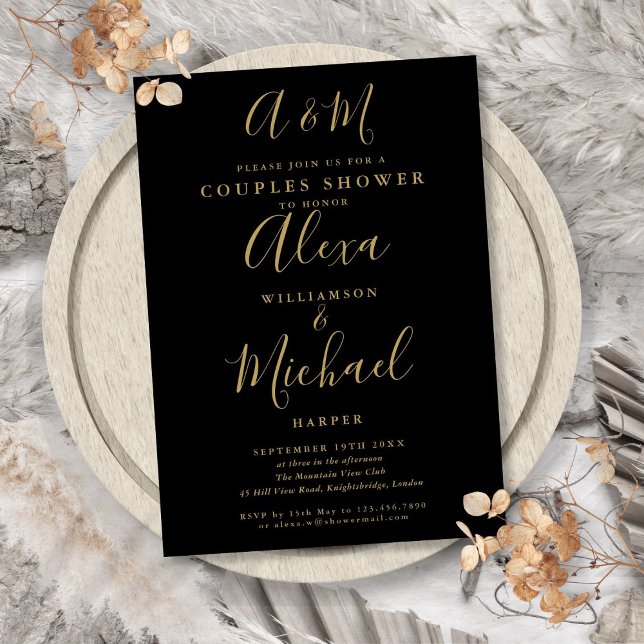 Convite Chá de Noiva Casal Monograma Preto e Dourado (Black And Gold Monogram Couples Wedding Shower Invitation)