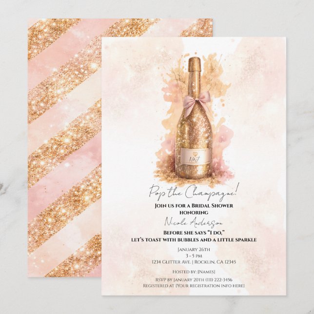 Convite Chá de Noiva Champanhe Bubbly e Dourado Glitter (Frente/Verso)