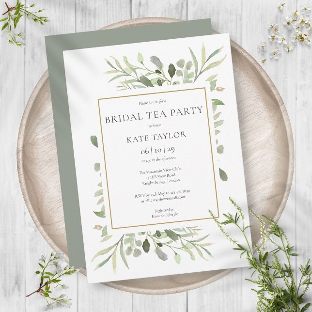 Convite Chá de Noiva Chic Floral Aquarela Dourado (Watercolor Greenery Chic Gold Bridal Tea Party Invitation)
