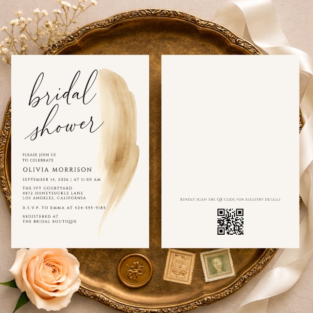 Convite Chá de Noiva Código QR Aquarela Boho Neutro (Criador carregado)