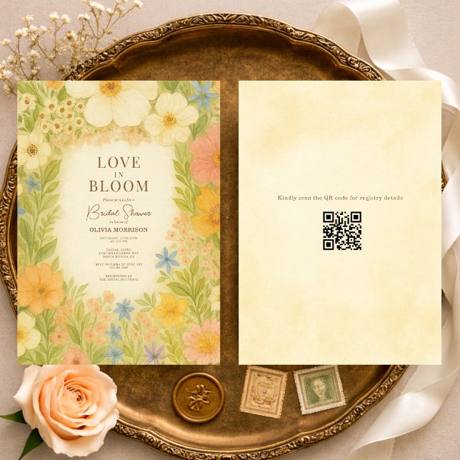 Convite Chá de Noiva Código QR Botânico Amor em Flor (Criador carregado)