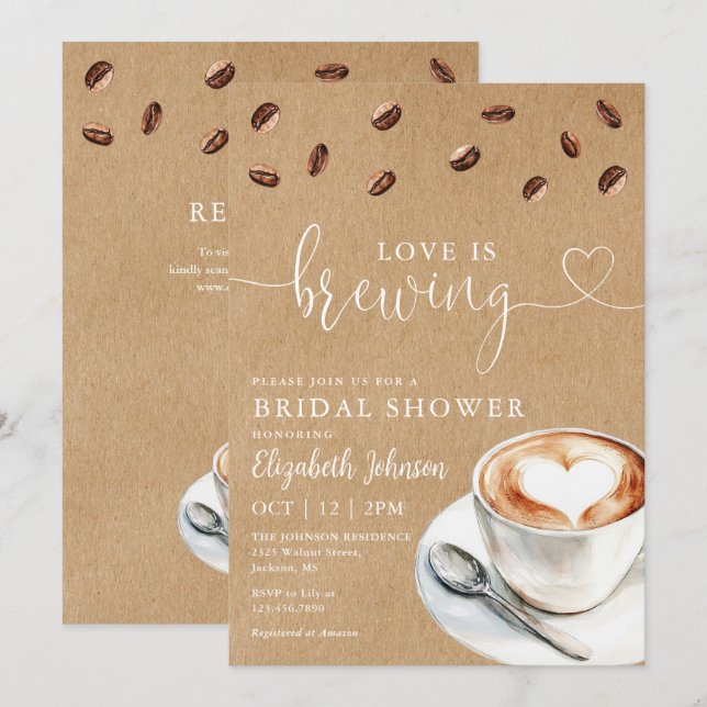 Convite Chá de Noiva Código QR do Café Love Is Brewing (Frente/Verso)