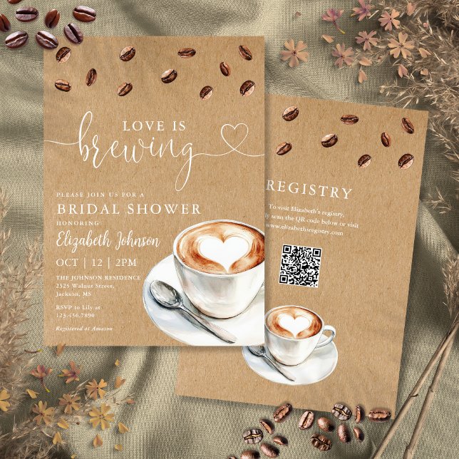 Convite Chá de Noiva Código QR do Café Love Is Brewing (Love Is Brewing Coffee QR Code Bridal Shower Invitation)