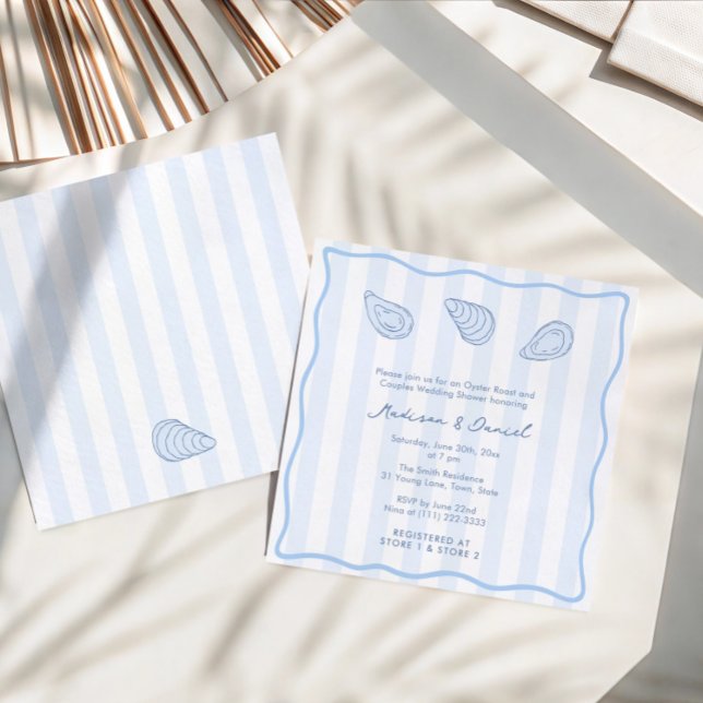 Convite Chá de Noiva Coed Moderno de Ostra Assado Escrito  (Trendy hand-drawn oyster roast couples wedding shower invitation with modern stripes and wavy border)