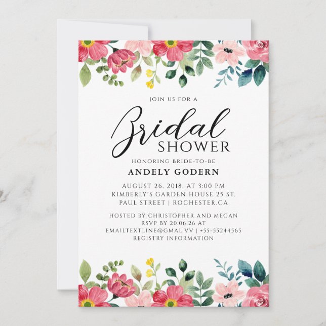 Convite Chá de Noiva com Aquarela Floral (Frente)