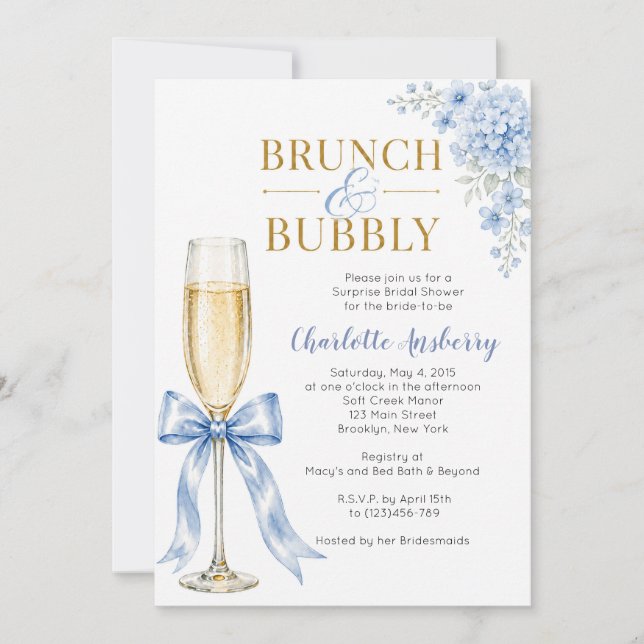 Convite Chá de Noiva com Brunch e Bolhas Azul (Frente)