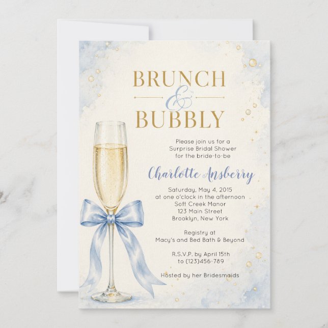Convite Chá de Noiva com Brunch e Bolhas Azul (Frente)