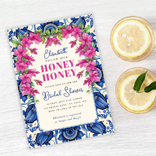 Convite Chá de Noiva com Buganvília Rosa e Azulejo Azul