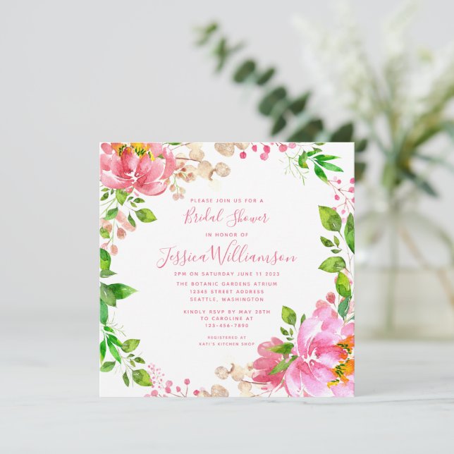 Convite Chá de Noiva com Flores de Aquarela Rosa (Em pé/Frente)