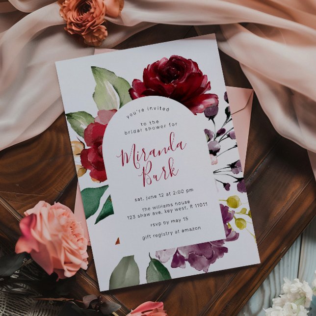 Convite Chá de Noiva com Flores de Rosa Burgundy e Roxo (Criador carregado)
