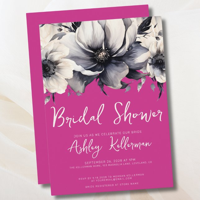 Convite Chá de Noiva com Flores Rosas (Watercolor Floral Bright Pink Bridal Shower Invitation)