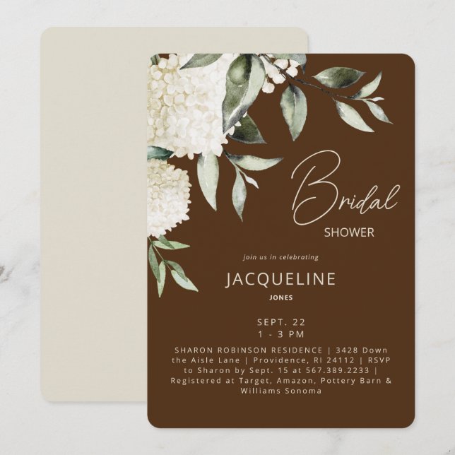 Convite Chá de Noiva com Hortênsias Marrom e Creme Branco (Frente/Verso)