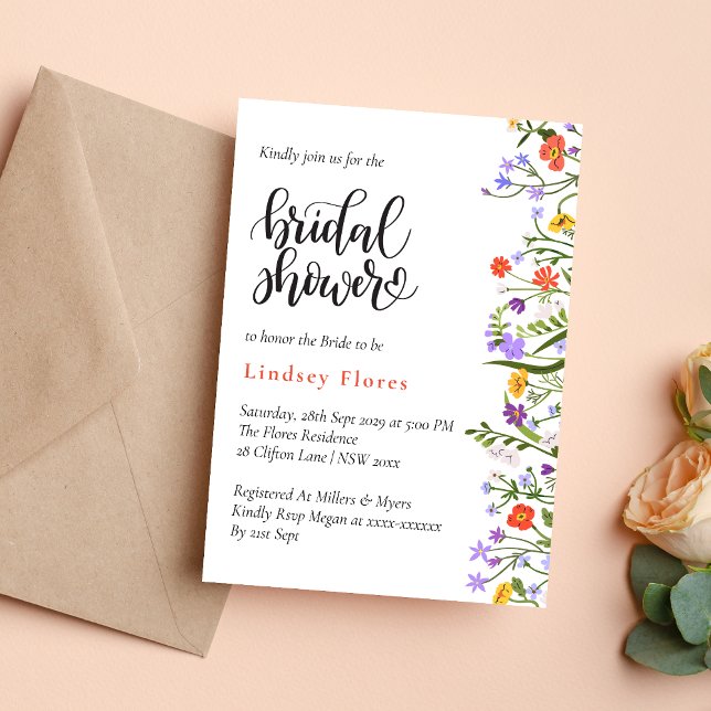 Convite Chá de Noiva com Letra Botânica de Flores de Jardi (Garden flowers botanical script invitation creates a fresh, elegant bridal shower tone)