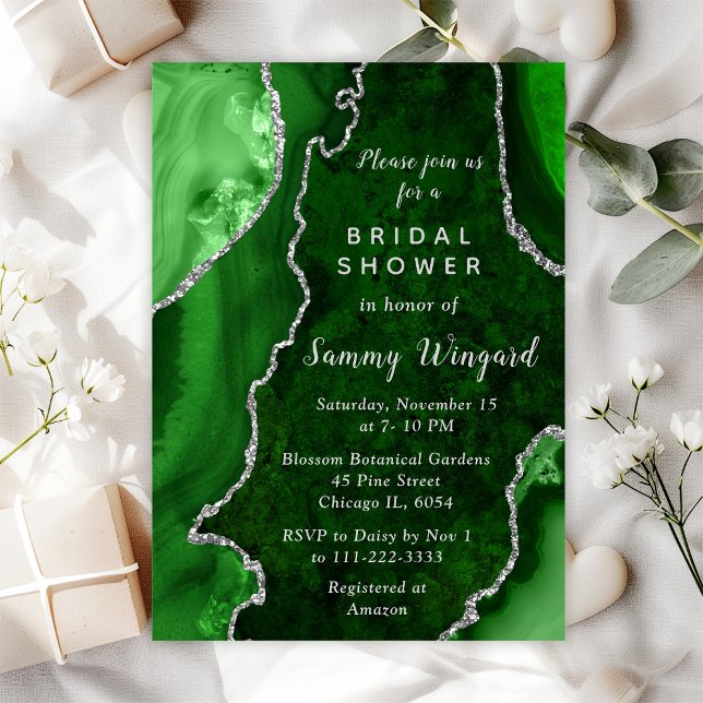 Convite Chá de Noiva com Mármore de Ágata Verde e Prata (Criador carregado)