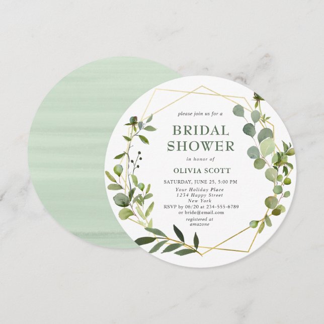 Convite Chá de Noiva com Moldura Geométrica de Eucalipto M (Frente/Verso)