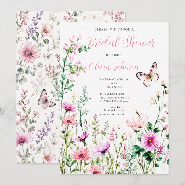 Convite Chá de Noiva com Tema de Jardim de Flores Silvestr (Frente/Verso)