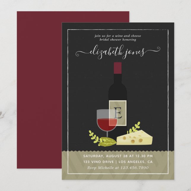 Convite Chá de Noiva com Vinho e Queijo Monograma (Frente/Verso)