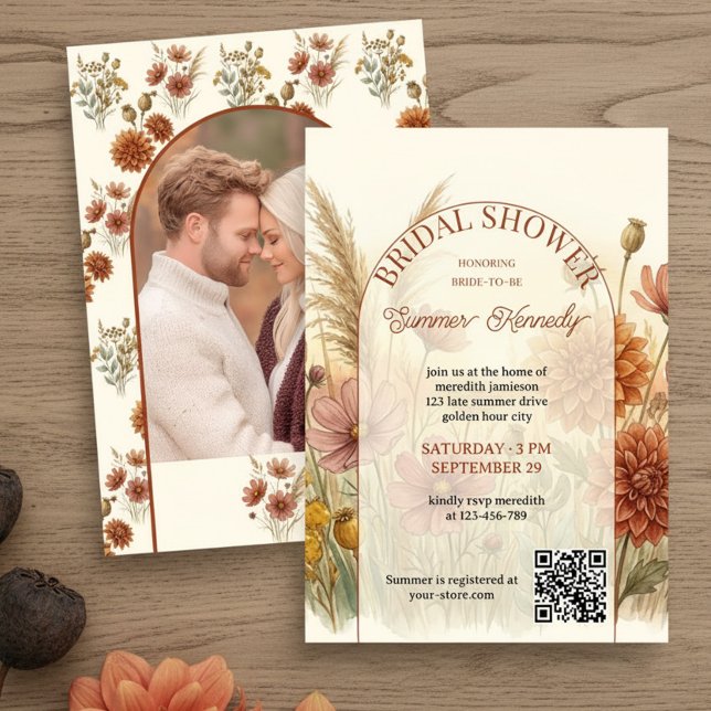 Convite Chá de Noiva Crepúsculo com Campo de Flores Silves (Bridal Shower Invitation with custom photo and late summer wildflower meadow by Darling & May)