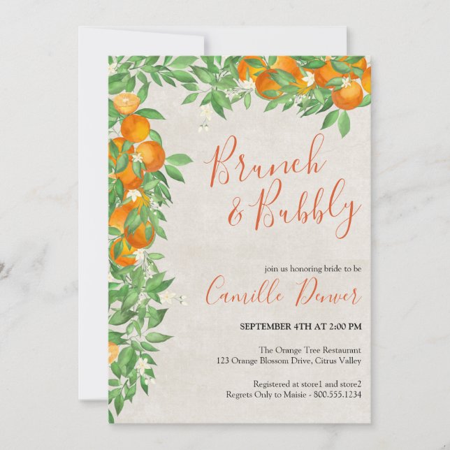 Convite Chá de Noiva de Brunch & Bubbly com Laranja Cítric (Frente)