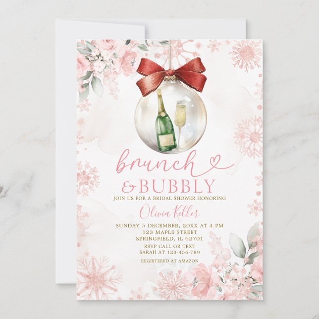 Convite Chá de Noiva de Brunch & Bubbly Pink Winter  (Frente)