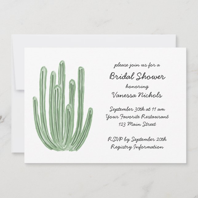 Convite Chá de Noiva de Cactus Candelabro em Aquarela (Frente)