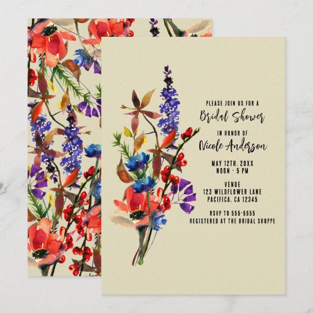 Convite Chá de Noiva de Flores Silvestres em Aquarela Bege (Frente/Verso)