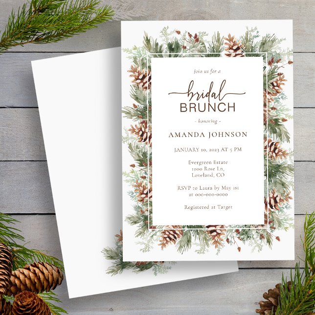 Convite Chá de Noiva de Inverno de Férias (Watercolor Pinecone Greenery Holiday Winter Bridal Brunch Shower Invitation by Painted Paperie
)